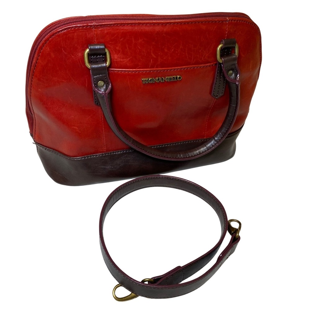 Tignanello Genuine Leather‎ Accordion Satchel Rouge Brown Crossbody Purse Bag